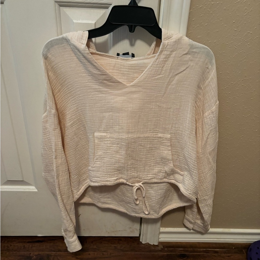 Cream long sleeve blouse with hood